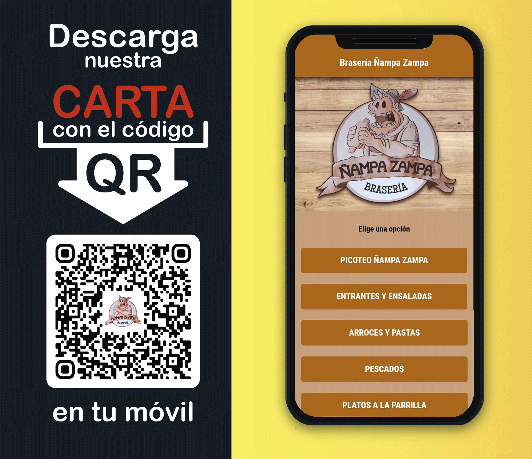 Carta digital con código QR para la brasería  Ñampa Zampa