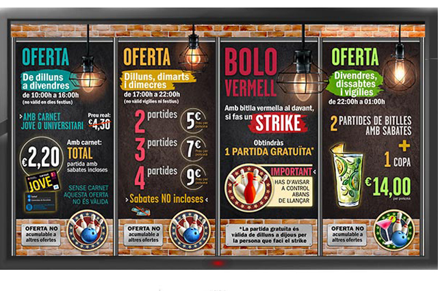 Diseño e instalación sistema cartelería digital Proyecto creación Screening para “Bowling Pedralbes” Diseño e instalación sistema cartelería digital Proyecto creación Screening para “Bowling Pedralbes”