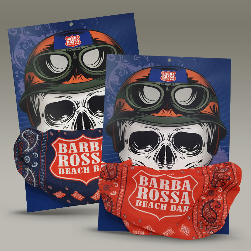 Diseño merchandising bandanas moteras para Barba Rossa Beach Bar
